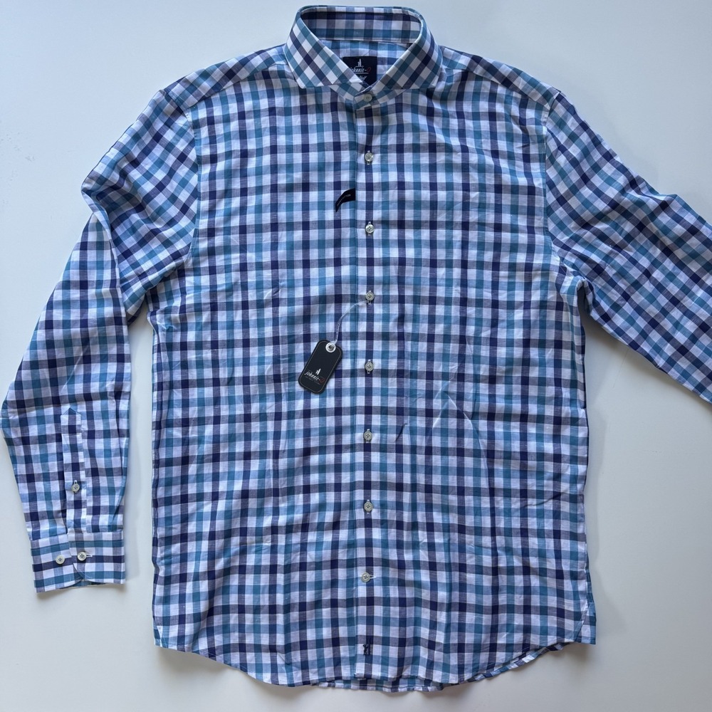 JOHNNIE-O Rooster Sport Top Shelf L/S Shirt Mens‎ Medium Blue Check Linen $178